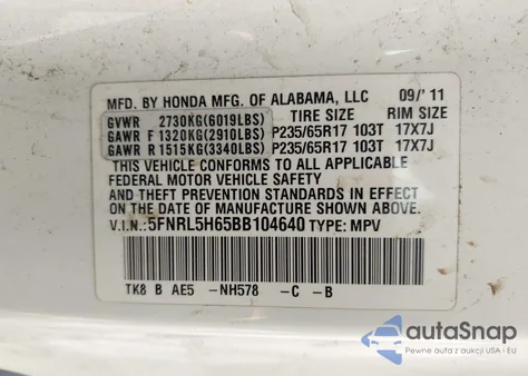 2011 Honda Odyssey Ex-L from USA, damaged, VIN 5FNRL5H65BB104640
